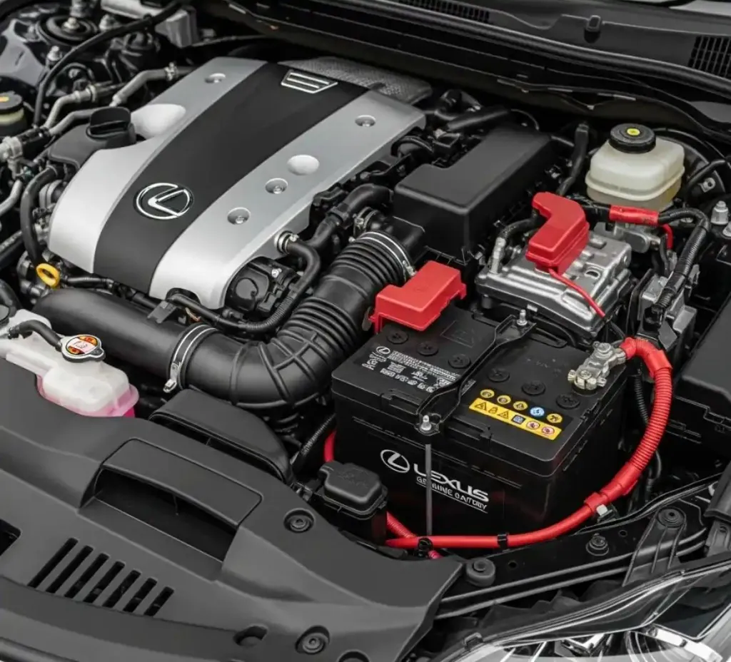 Lexus engine bay with the battery in view