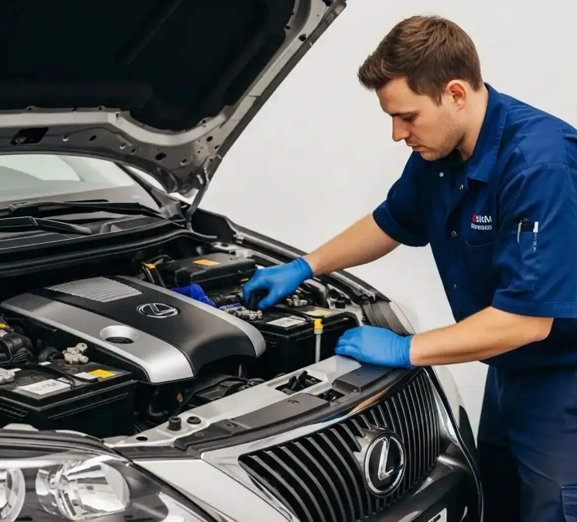 Technician in gloves fitting a battery to a Lexus
