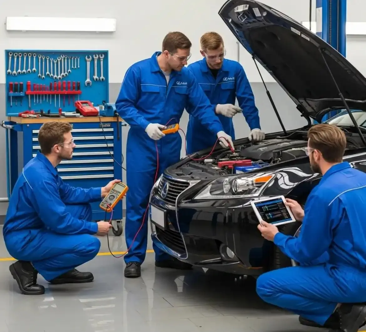 Three technicians testing a black Lexus