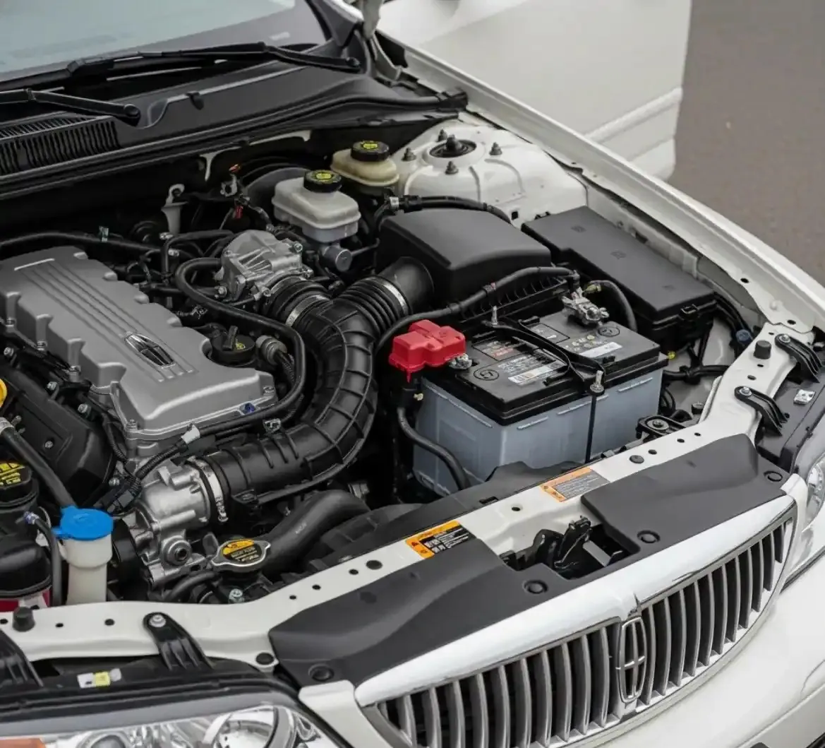 Lincoln engine bay with the battery beside the engine