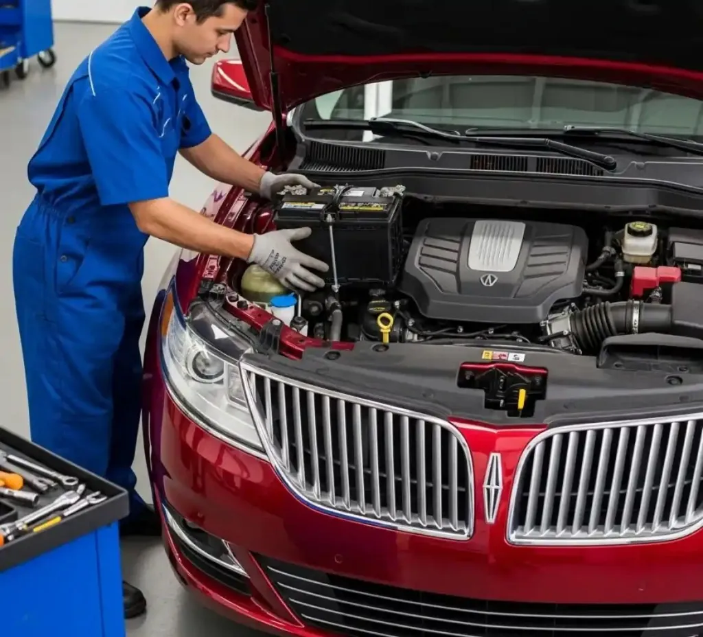Technician fitting a battery to a red Lincoln