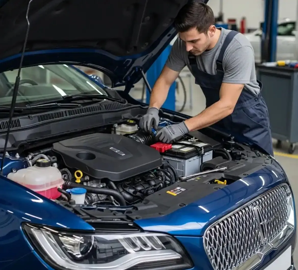 Technician working on a blue Lincoln's battery