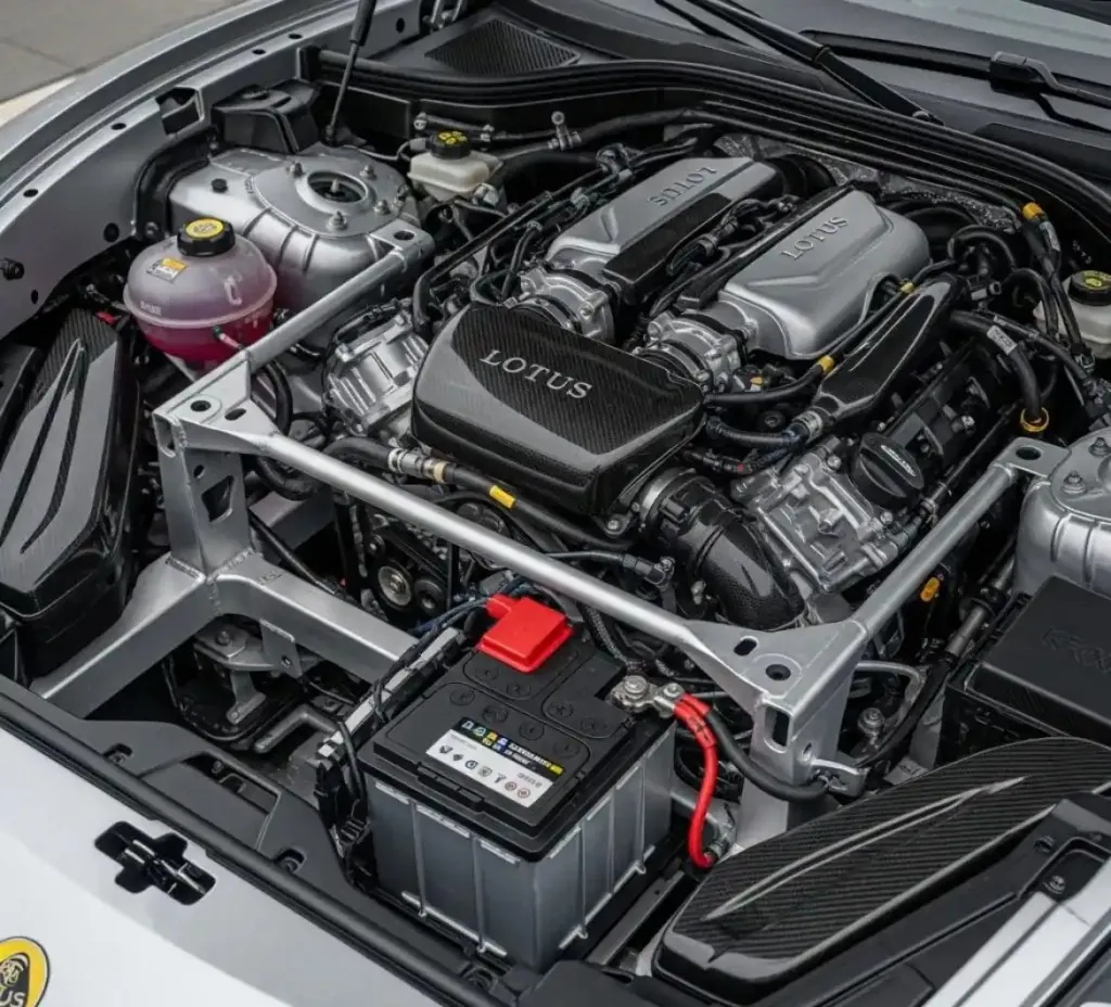 Getting to know the Lotus Lotus engine bay with the battery in view