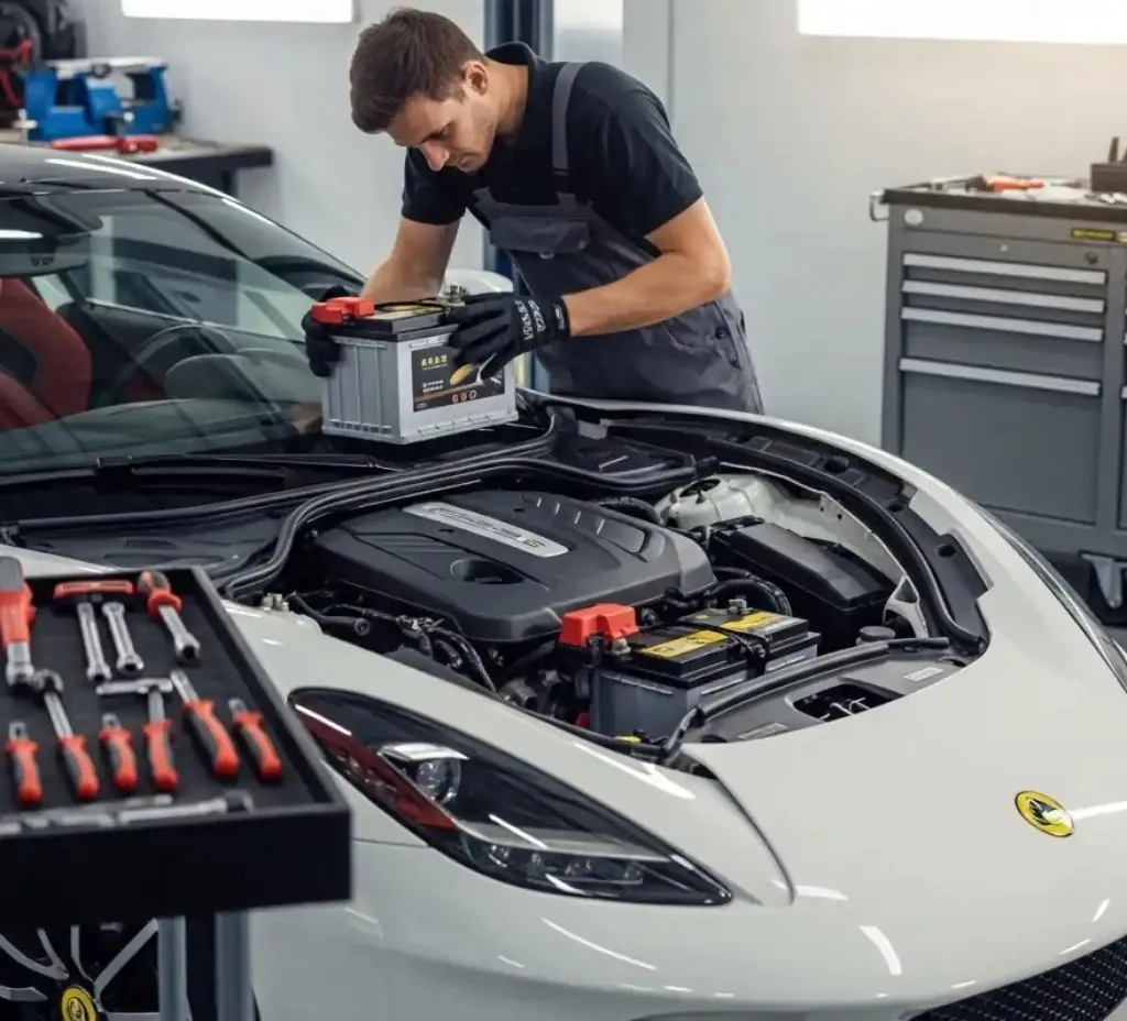 A Lotus looked after where it is parked Technician fitting a battery to a white Lotus