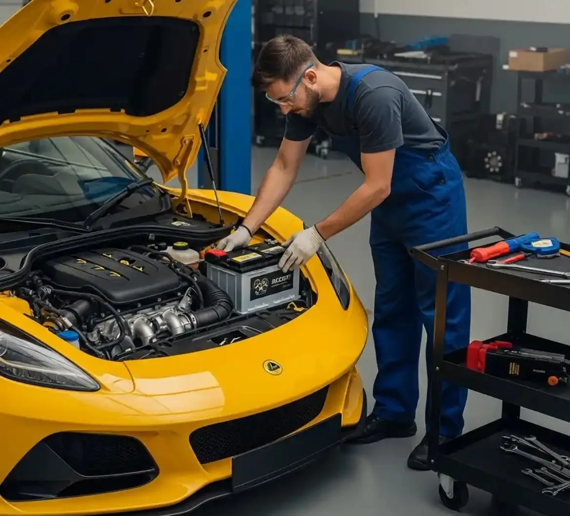 Care that Lotus owners expect Technician fitting a battery to a yellow Lotus