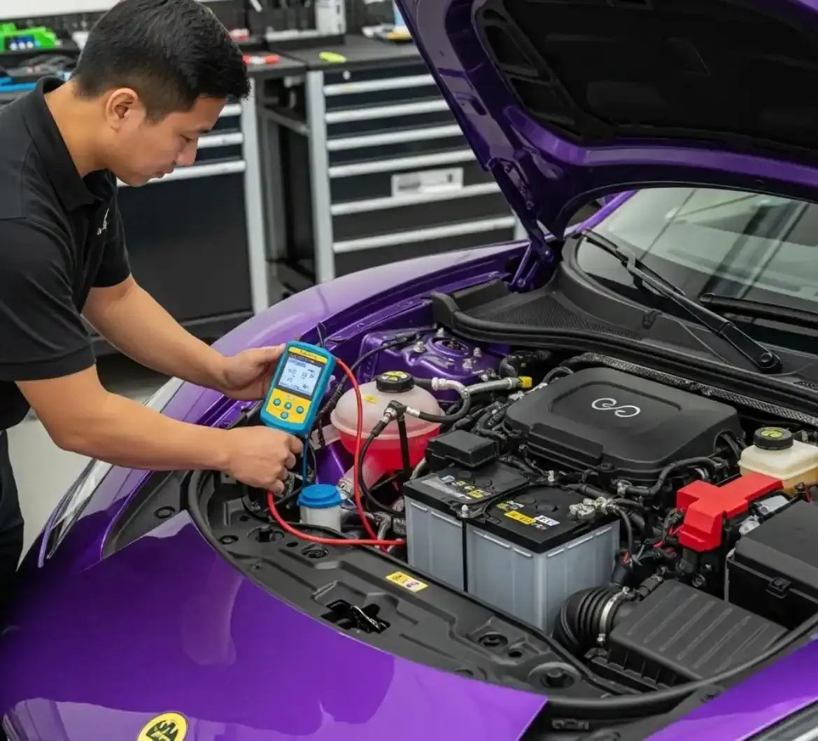 A Lotus battery under test Technician testing a purple Lotus with a multimeter