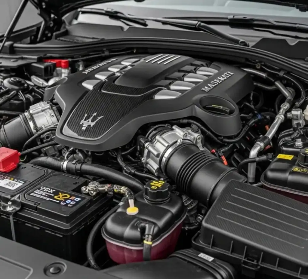 Maserati engine bay with the battery beside the engine