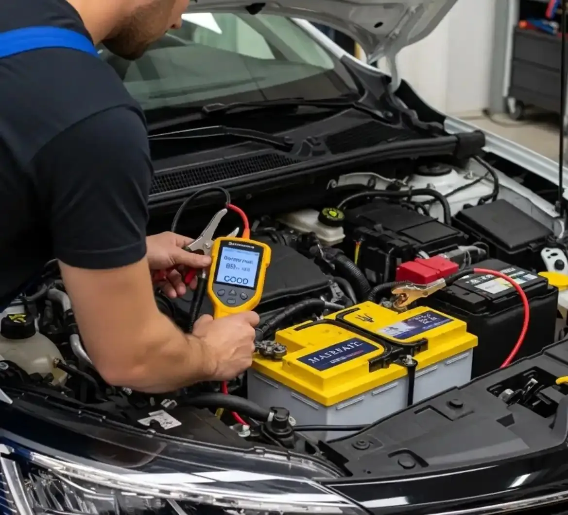 Technician testing a Maserati battery with a multimeter