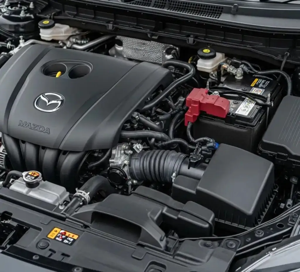 The Mazda and its battery Mazda engine bay with the battery in view