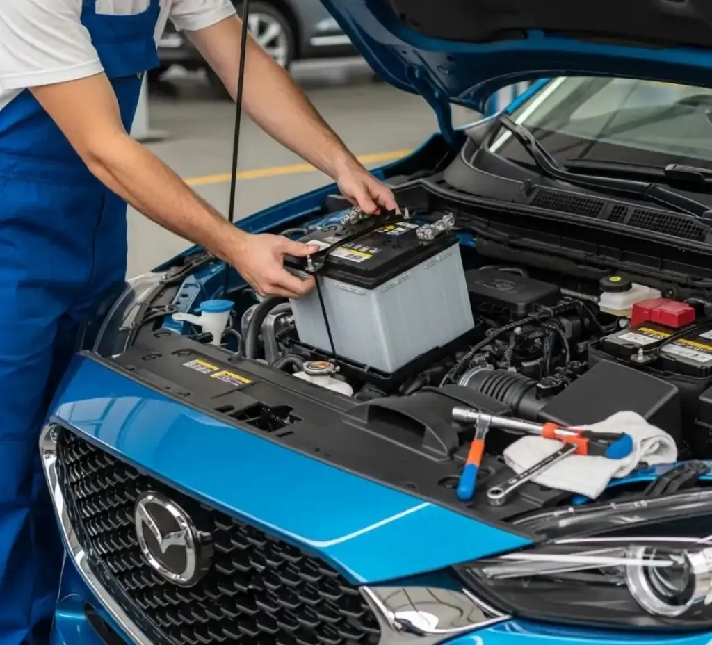 Battery service for the Mazda Technician fitting a battery to a blue Mazda