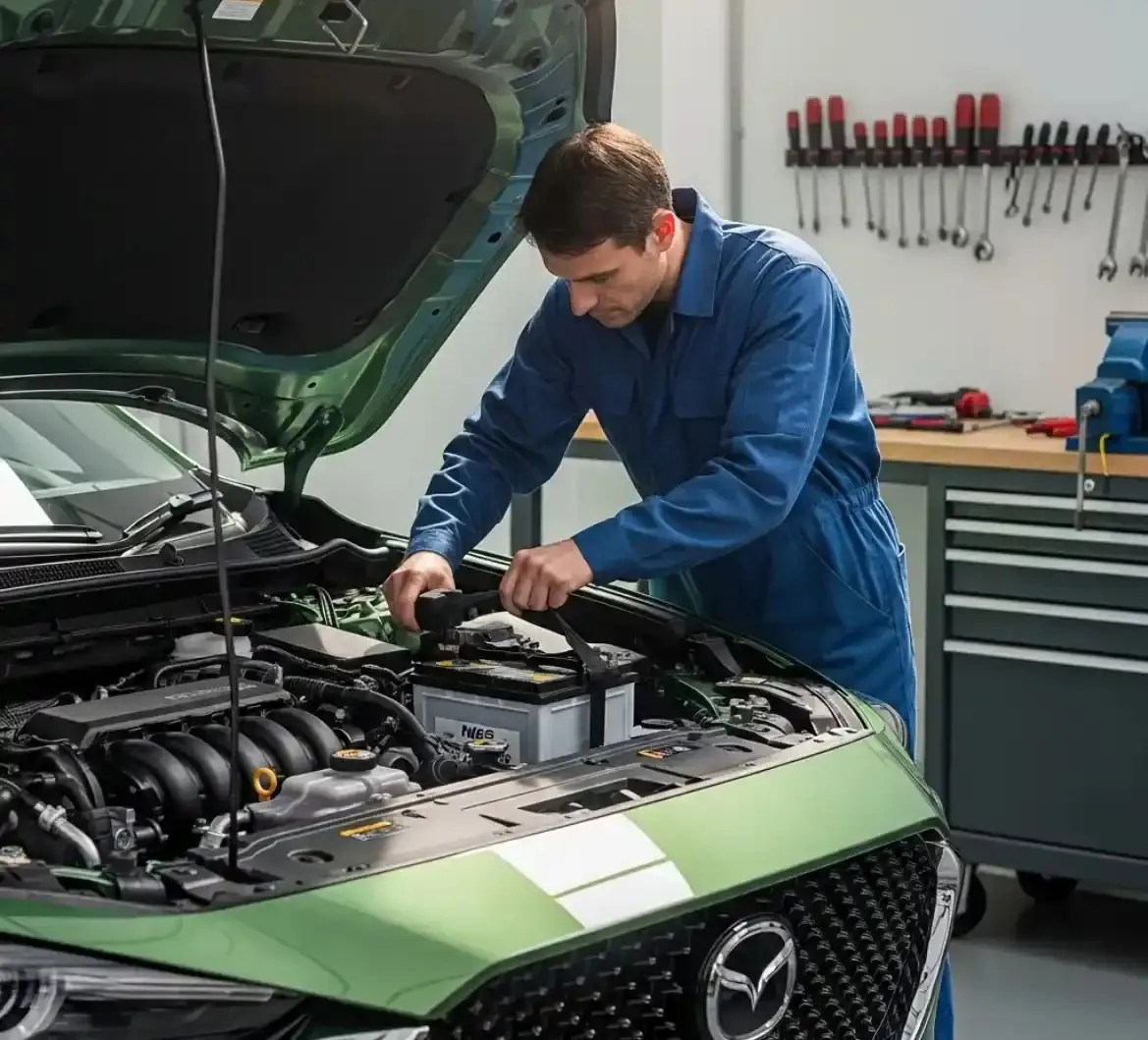 Why Mazda drivers call us Technician working on a Mazda in a workshop