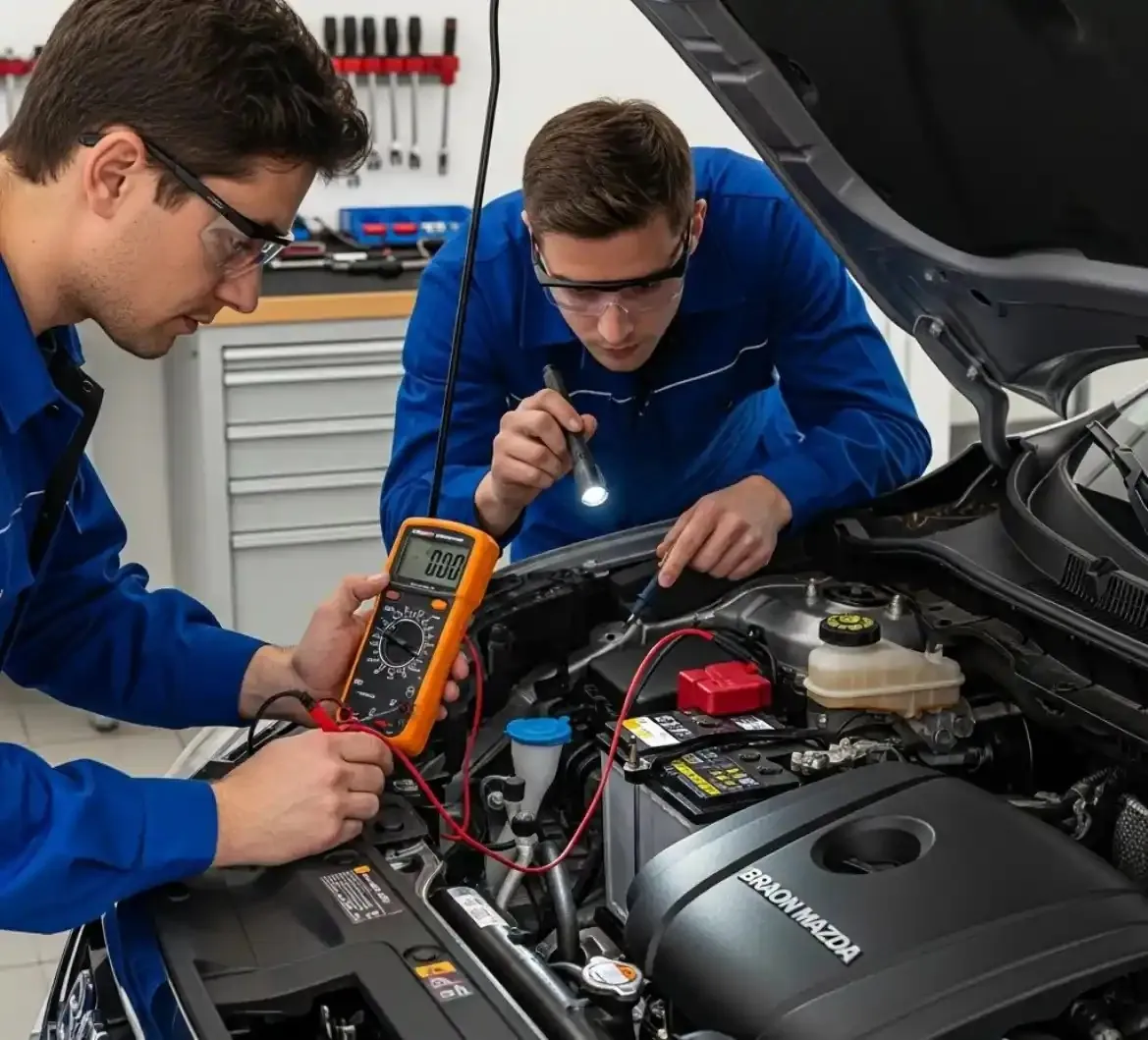 Testing before anything is replaced Two technicians testing a Mazda battery