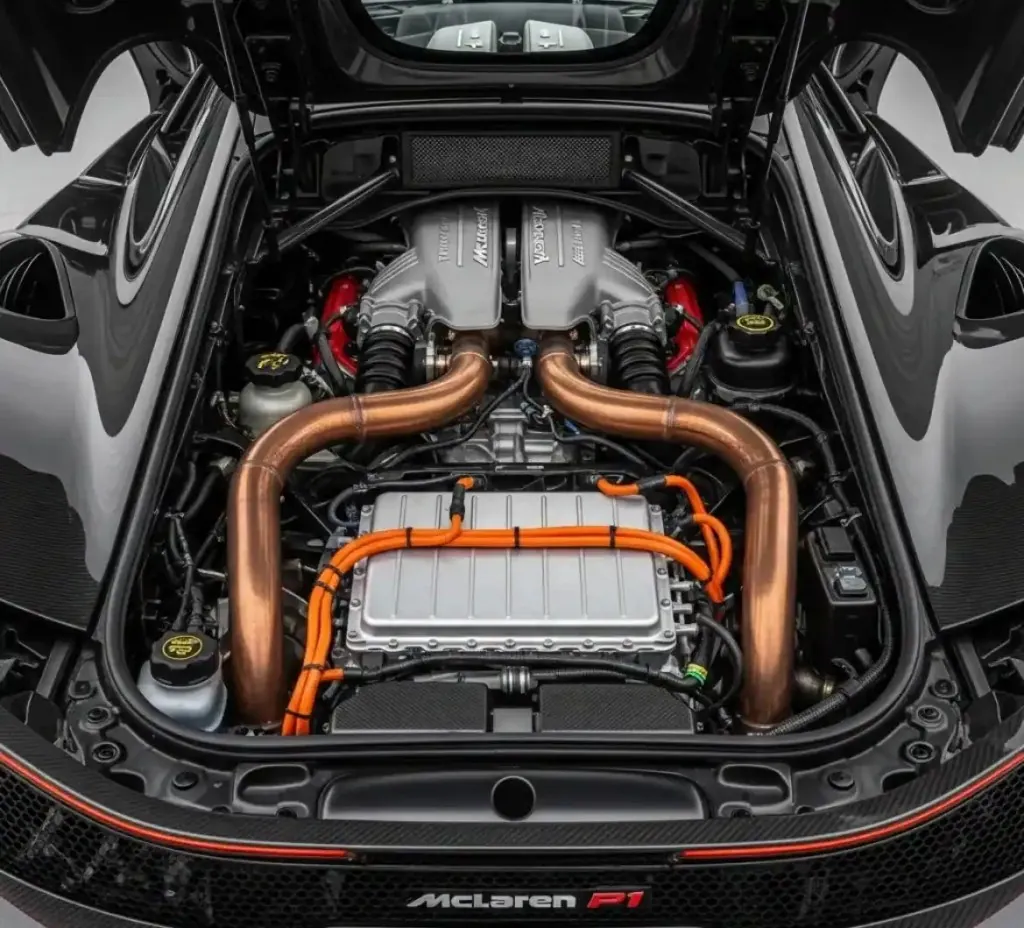 McLaren engine bay under its open cover