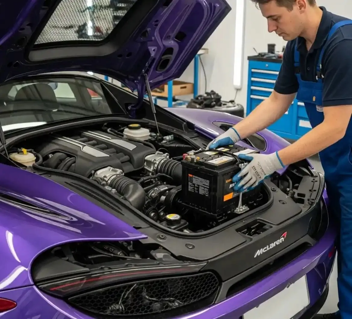 Technician fitting a battery to a purple McLaren