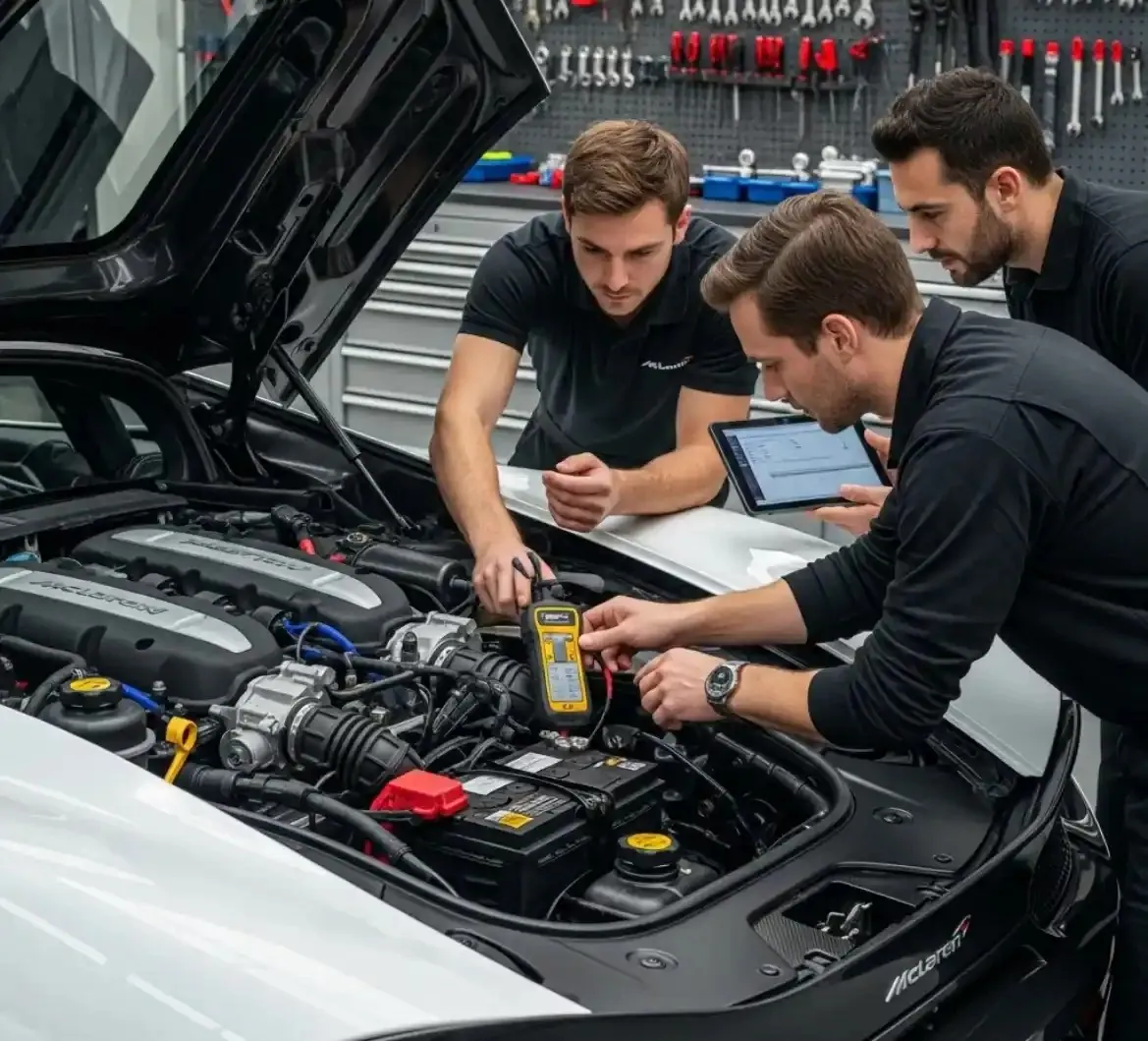 Technicians testing a white McLaren