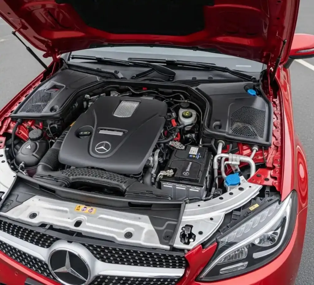 Getting to know the Mercedes Engine bay of a red Mercedes with the bonnet open