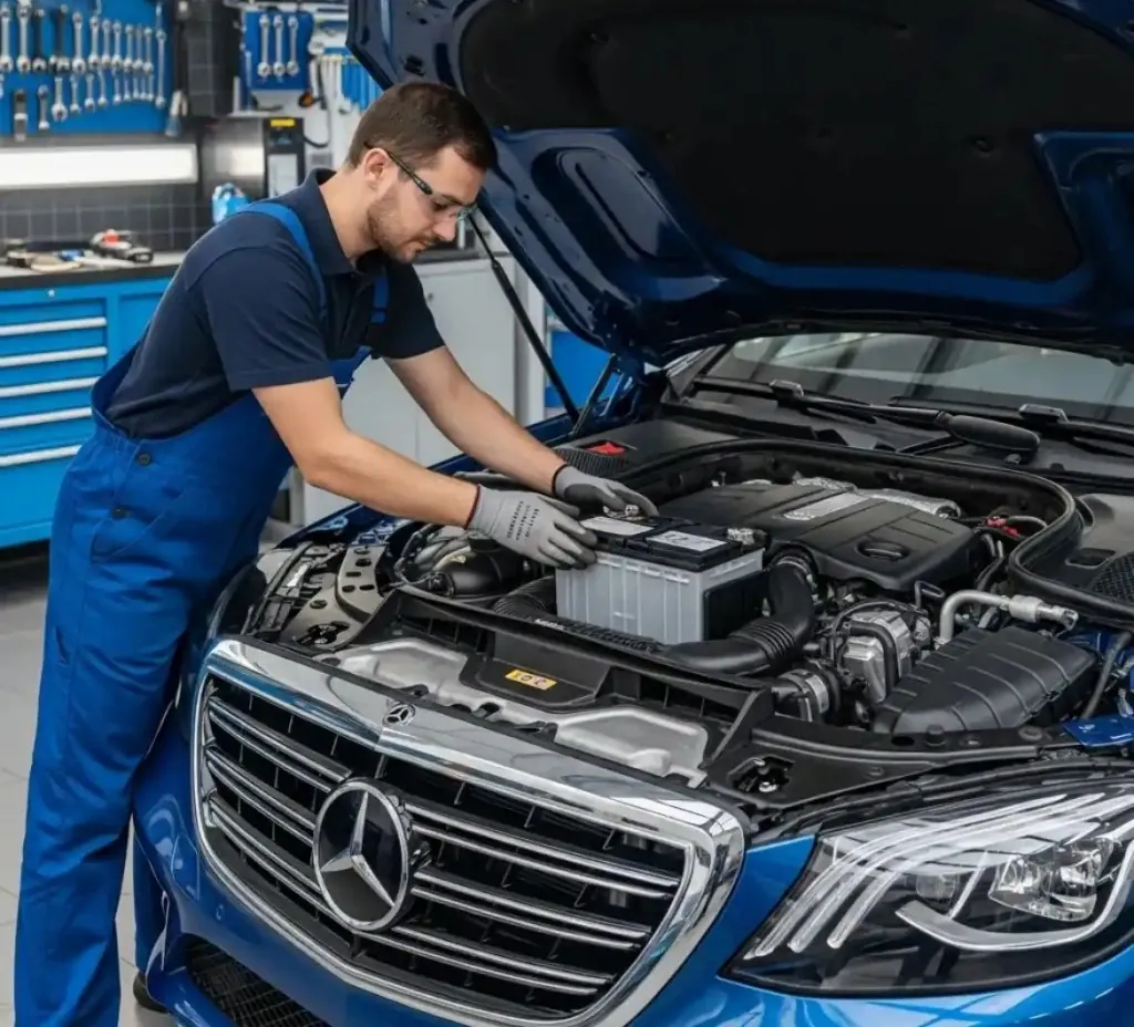 A Mercedes looked after where it is parked Technician fitting a battery to a blue Mercedes