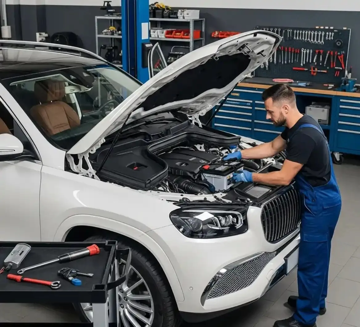 A Mercedes battery under test Technician working on a white Mercedes SUV