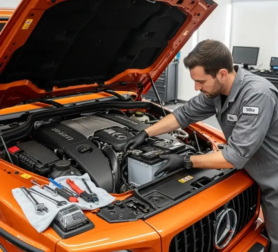 Care that Mercedes owners expect Technician working on an orange Mercedes