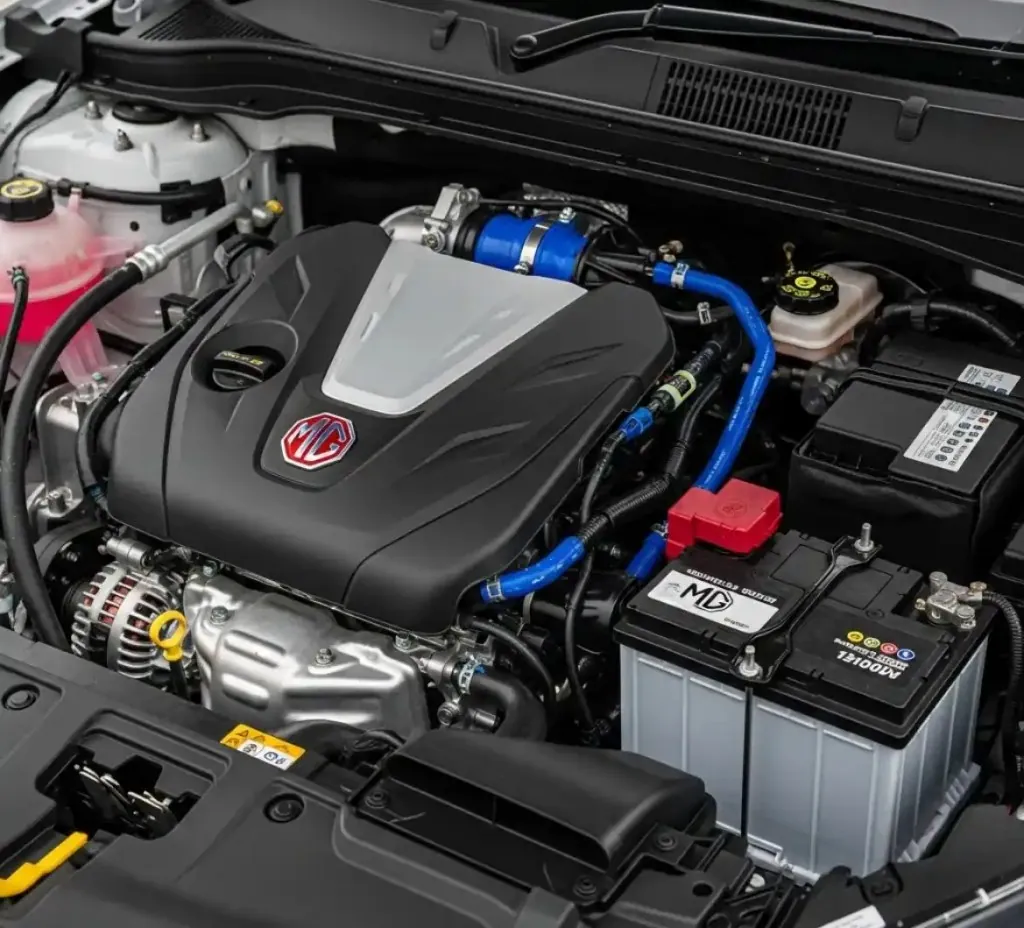 A closer look at the MG MG engine bay with the battery in view