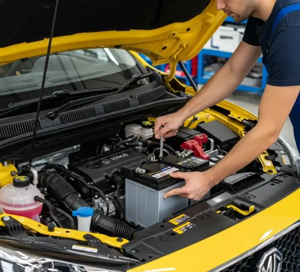 MG battery work at your location Technician fitting a battery to a yellow MG