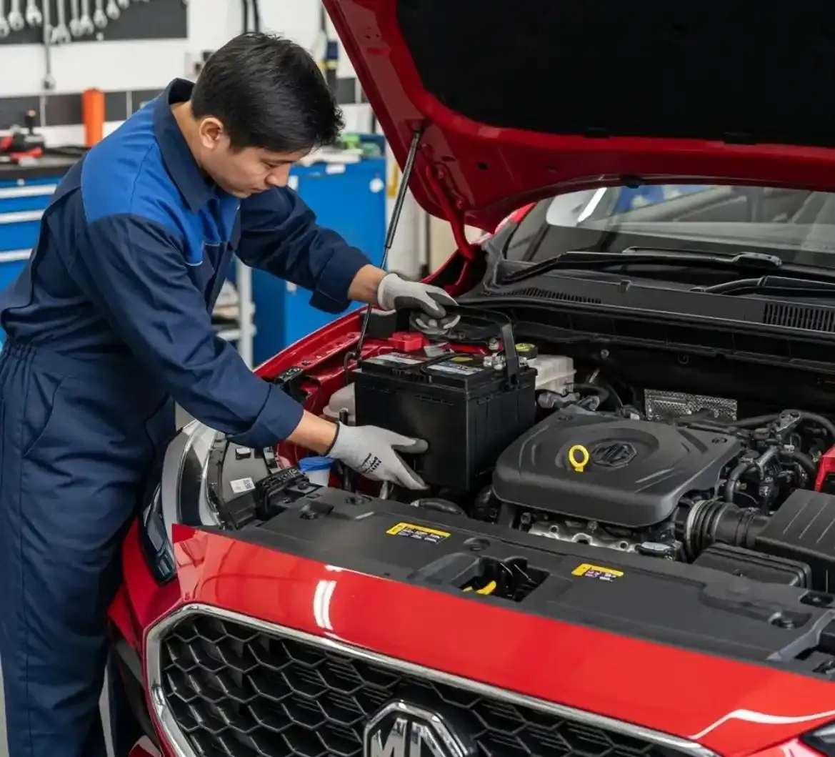 What MG owners get from us Technician working on a red MG