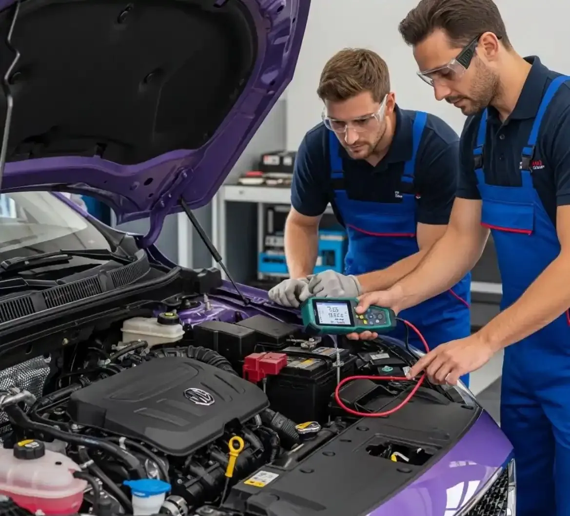 Checking a MG battery Two technicians testing an MG battery