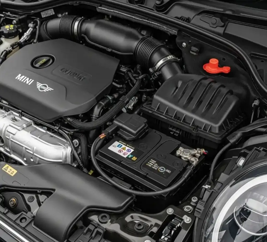 The Mini Cooper and its battery Mini engine bay with the battery in view