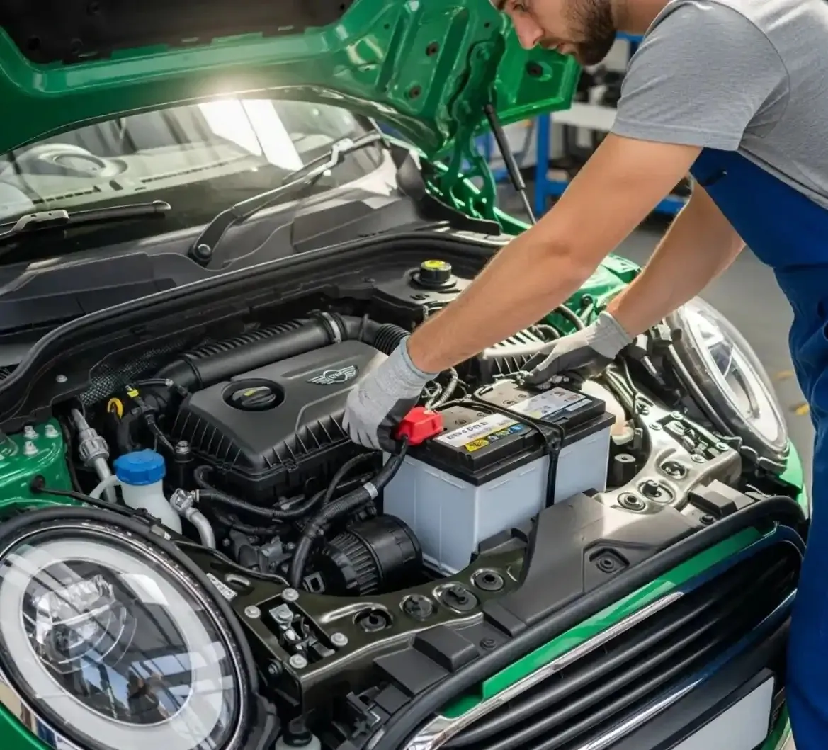 Why Mini Cooper drivers call us Technician fitting a battery to a green Mini