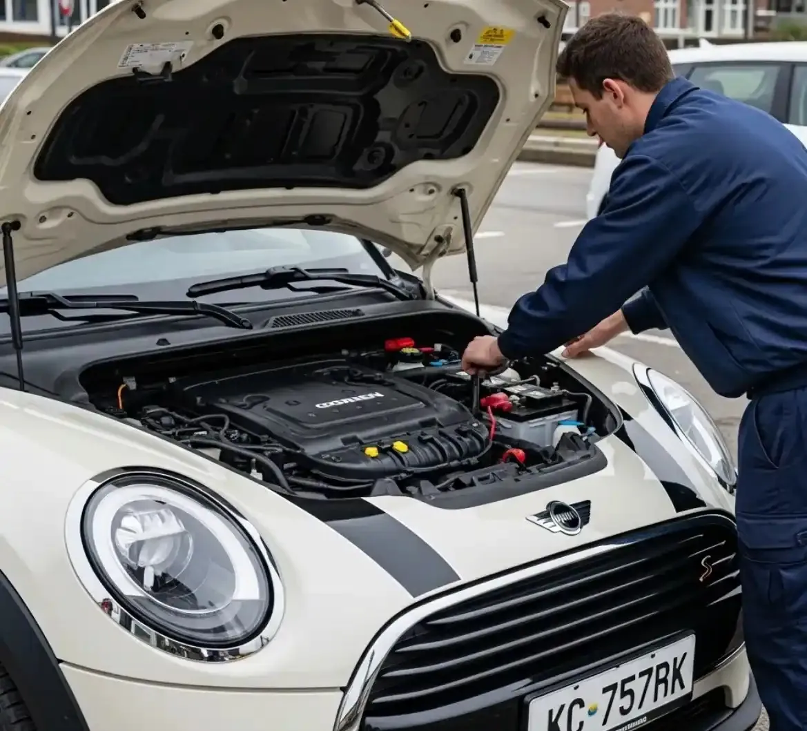 Testing before anything is replaced Technician working on a white Mini Cooper