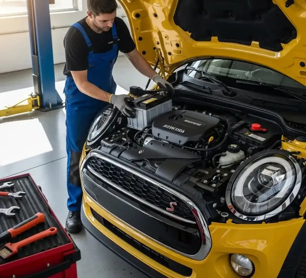 Battery service for the Mini Cooper Technician working on a yellow Mini