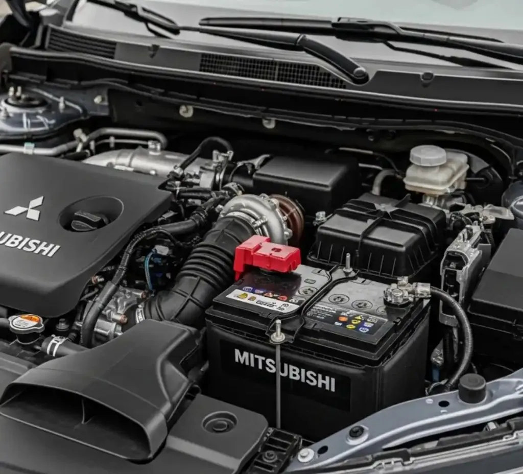 Before the work starts on a Mitsubishi Mitsubishi engine bay with the battery in view
