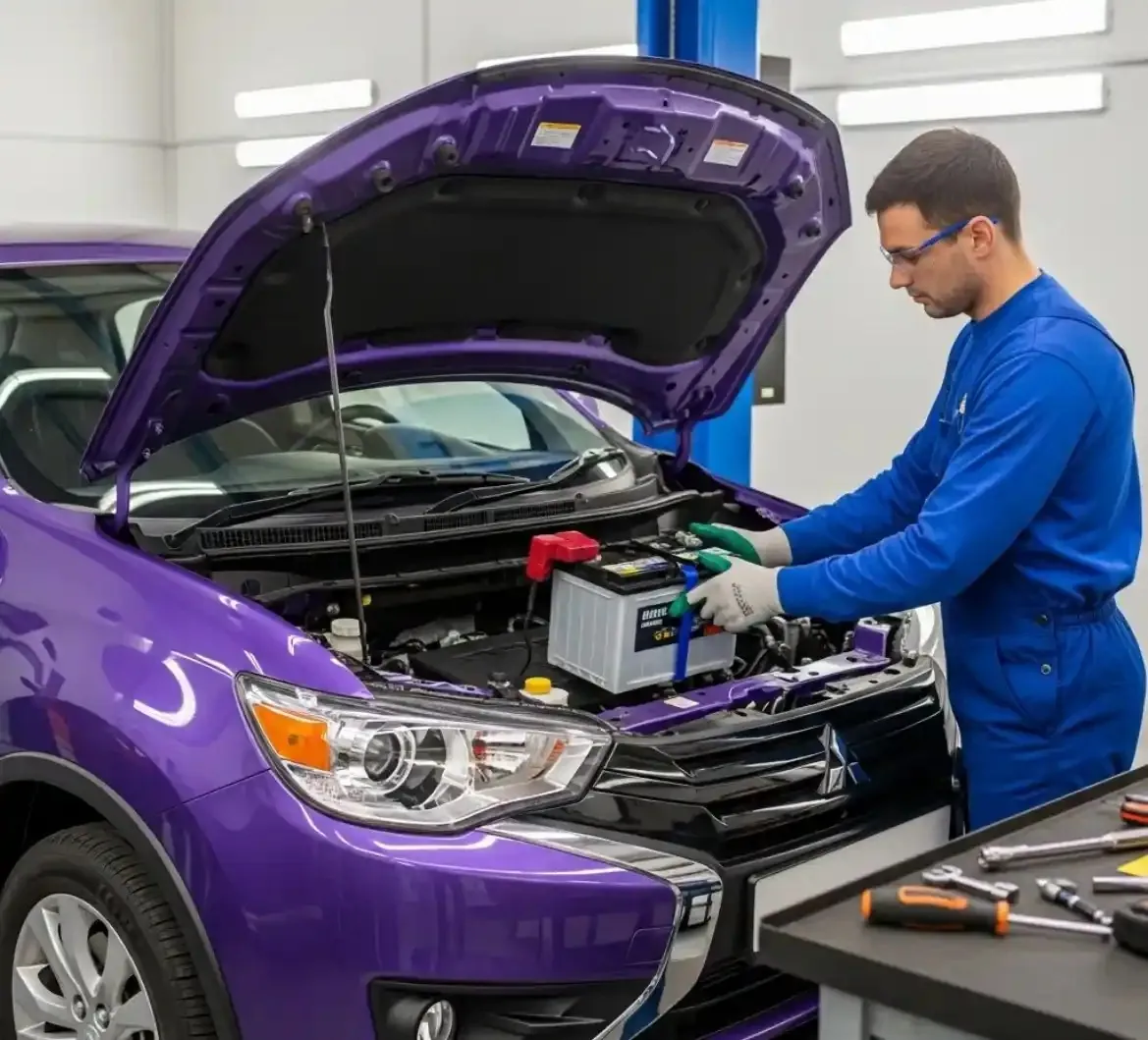 Our team on a Mitsubishi Technician fitting a battery to a purple Mitsubishi