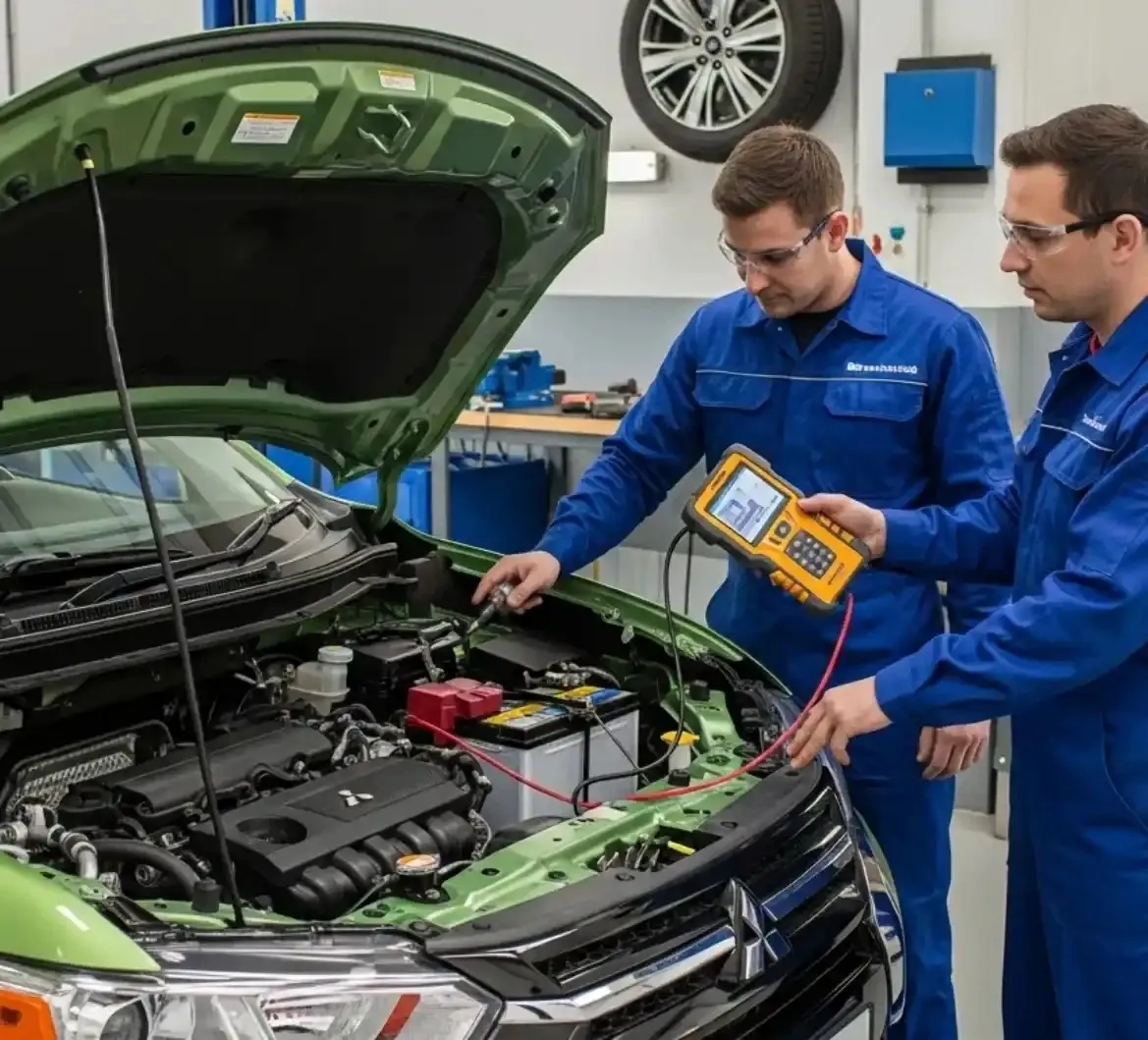 Finding the fault on a Mitsubishi Two technicians testing a green Mitsubishi's battery