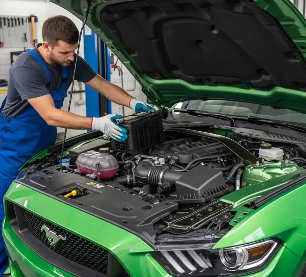 A Mustang battery under test Technician fitting a battery to a green Mustang