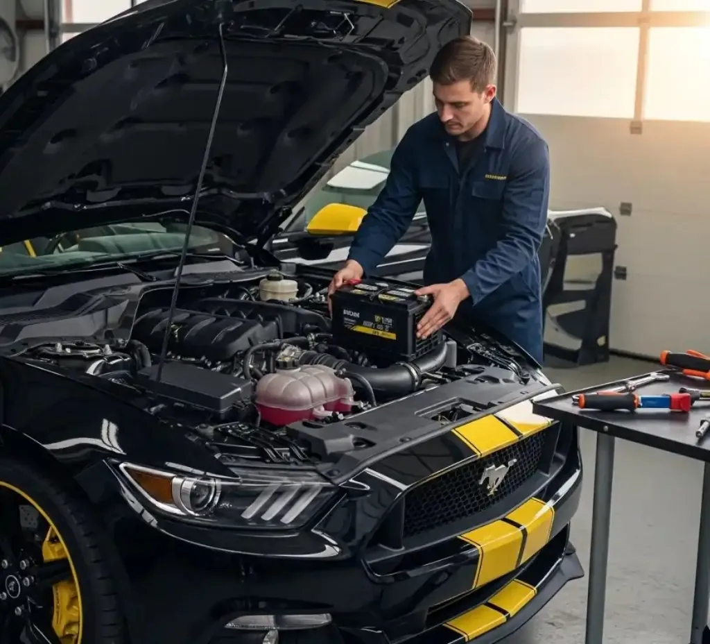 A Mustang looked after where it is parked Technician working on a black Mustang
