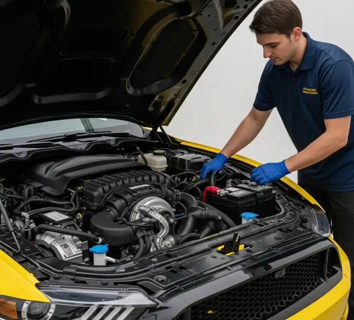 Care that Mustang owners expect Technician working on a yellow Mustang