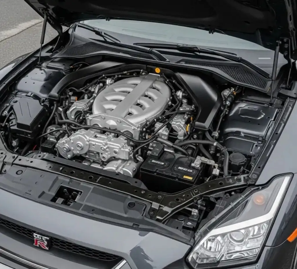 Nissan engine bay with the battery in view