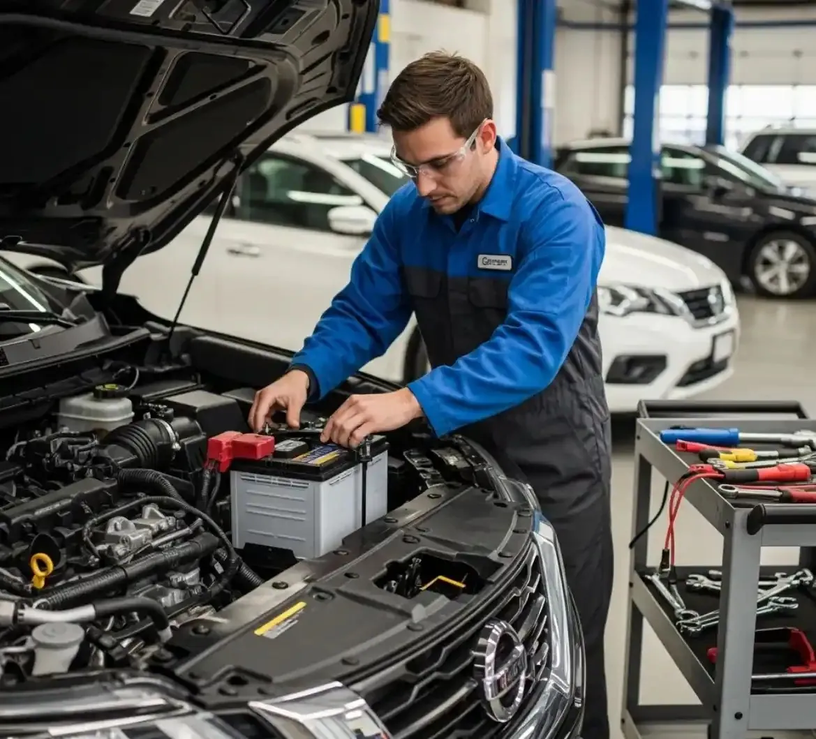 Technician fitting a battery to a Nissan