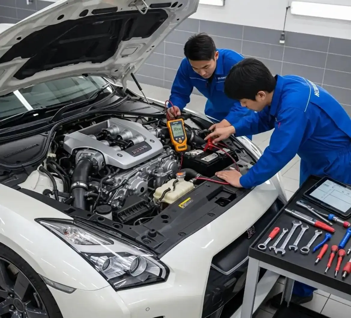 Two technicians testing a white Nissan