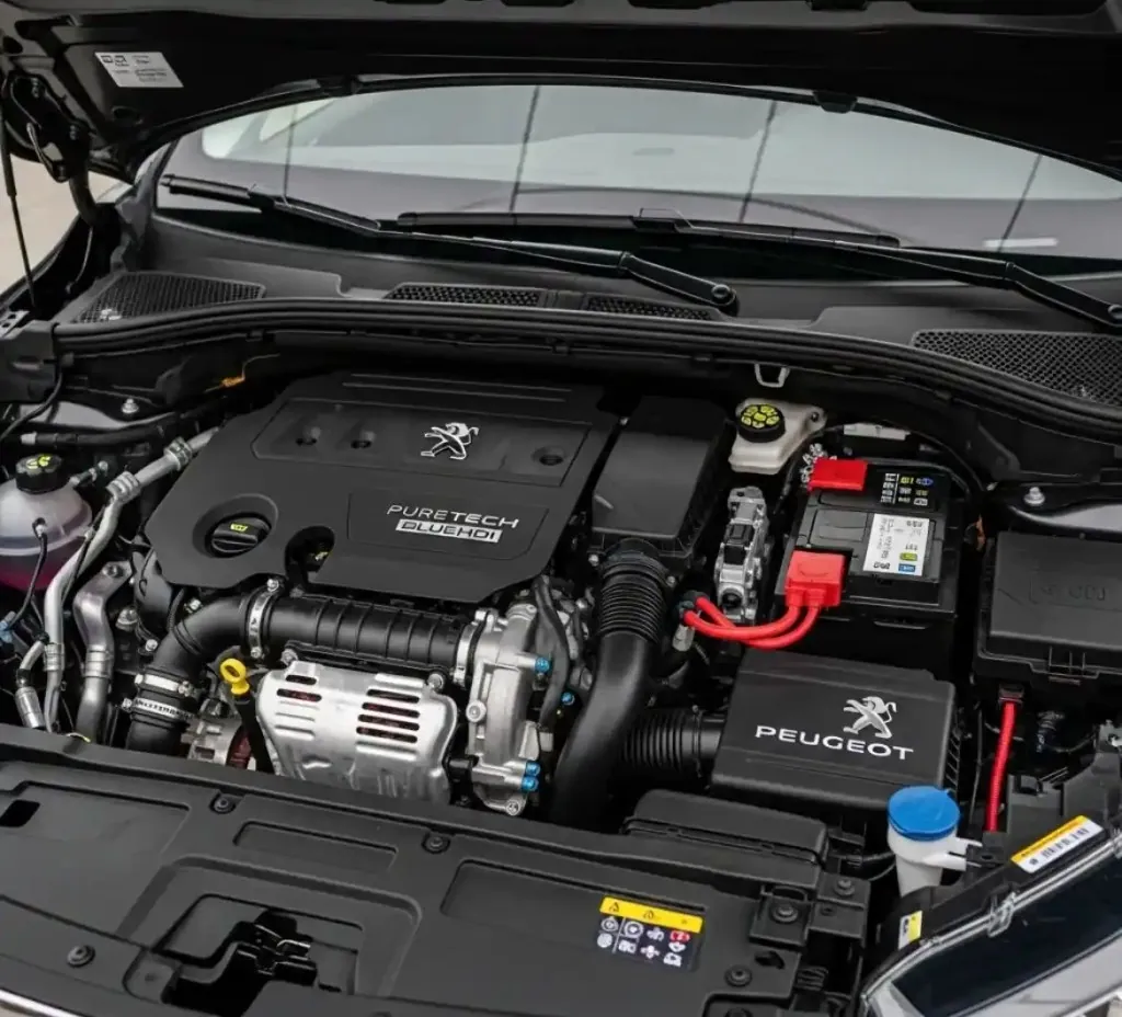 The Peugeot and its battery Peugeot engine bay with the battery in view