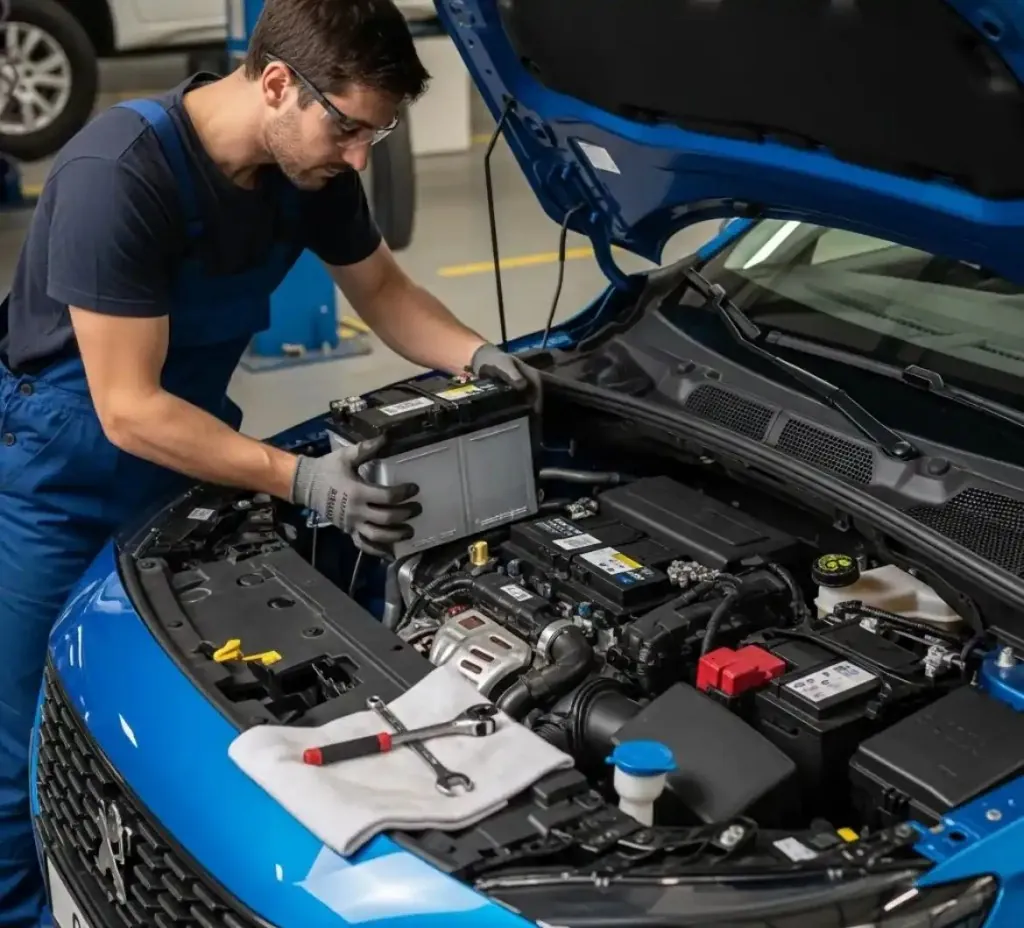 Battery service for the Peugeot Technician fitting a battery to a blue Peugeot