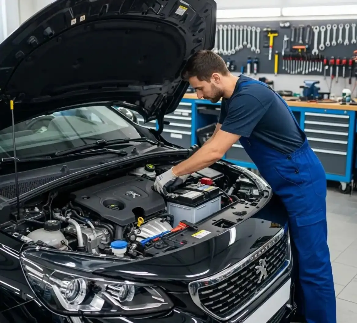 Why Peugeot drivers call us Technician working on a Peugeot in a workshop
