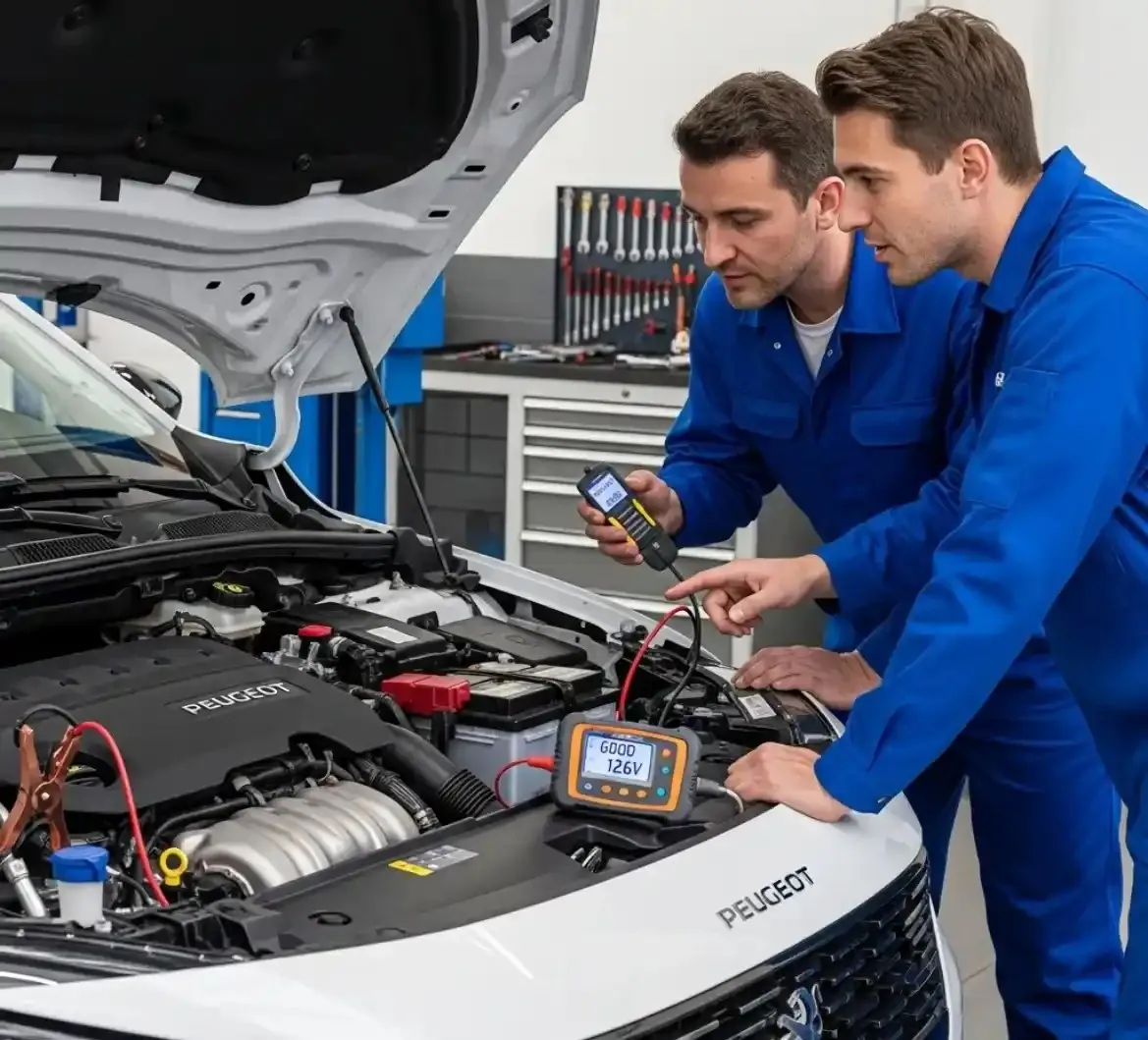 Testing before anything is replaced Two technicians testing a Peugeot battery