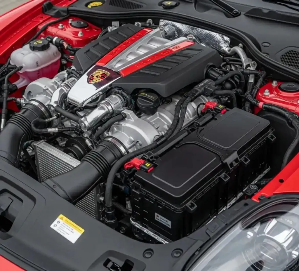 Porsche engine bay with the battery in view