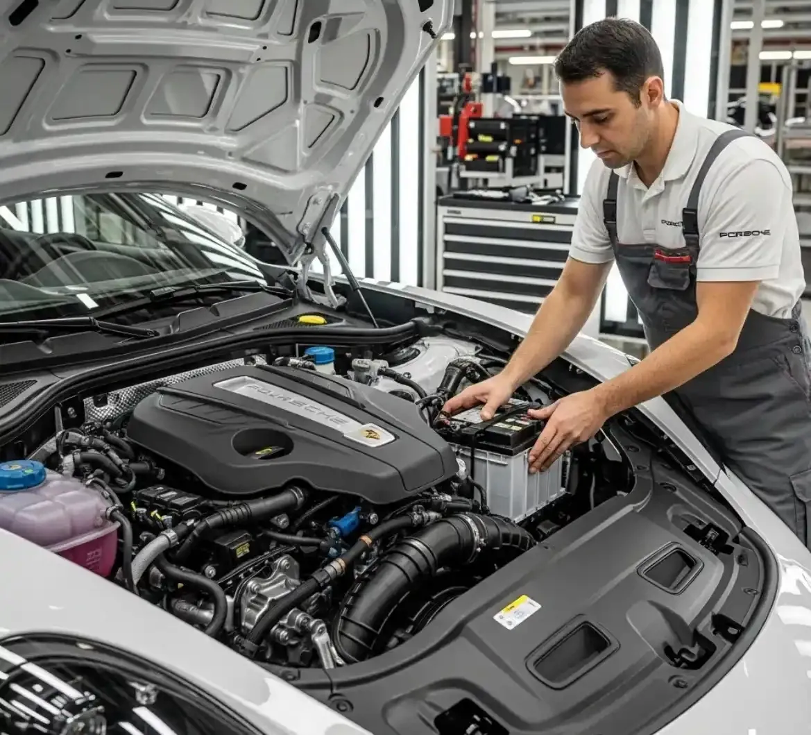 Technician fitting a battery to a white Porsche