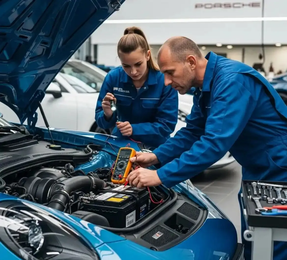 Two technicians testing a blue Porsche battery