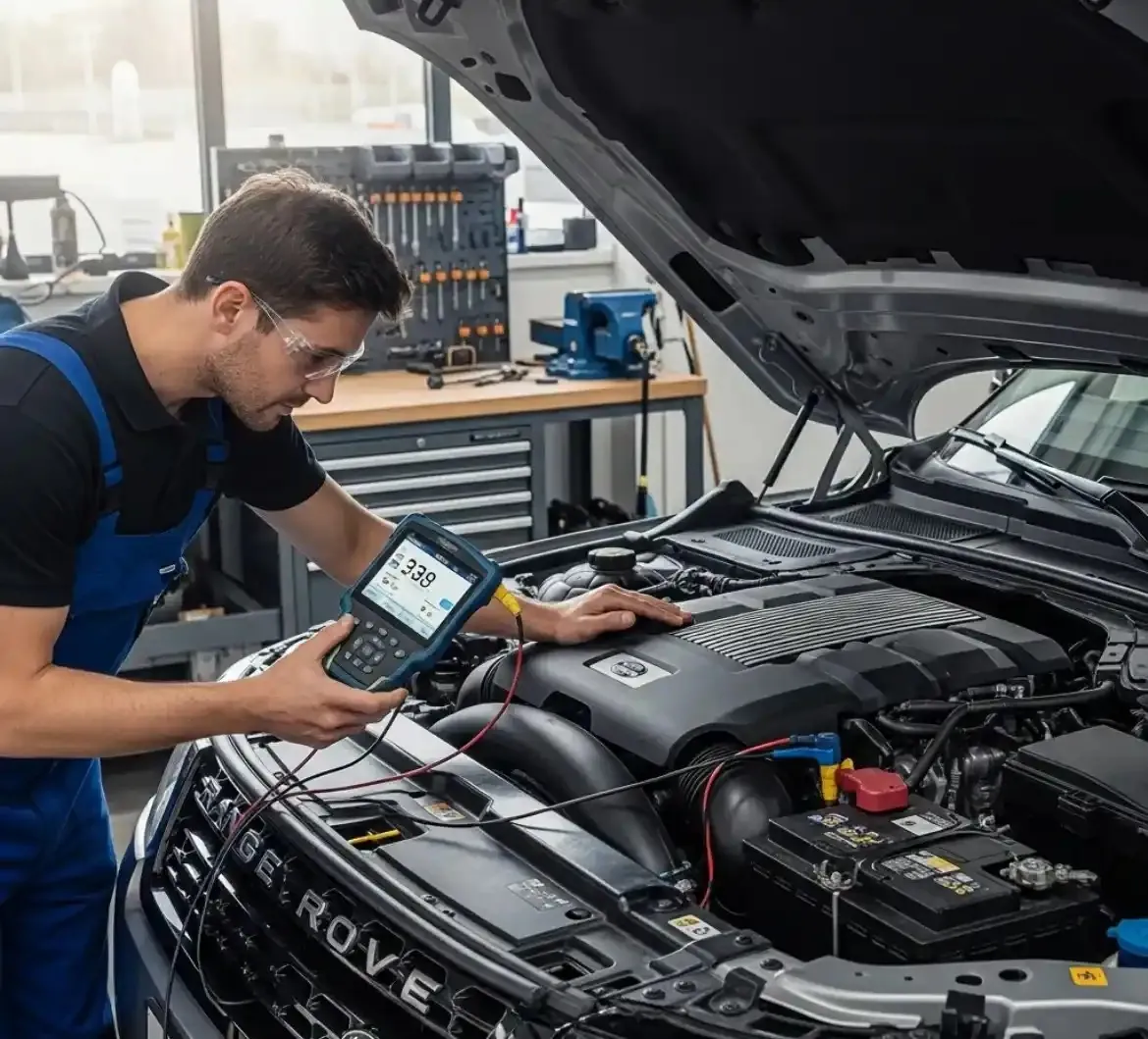 Technician testing a Range Rover with a handheld tester