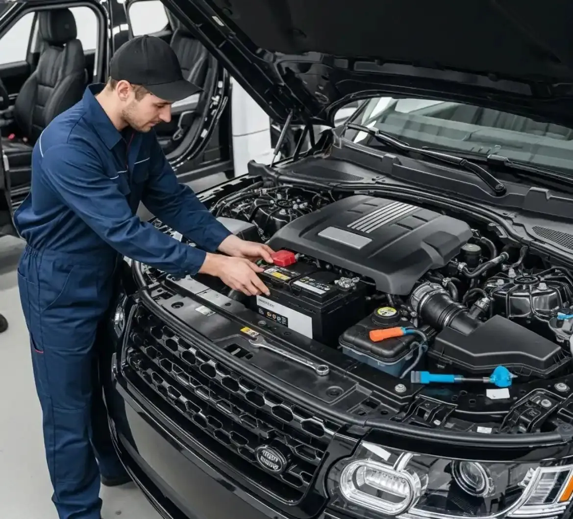 Technician working on a Range Rover's battery