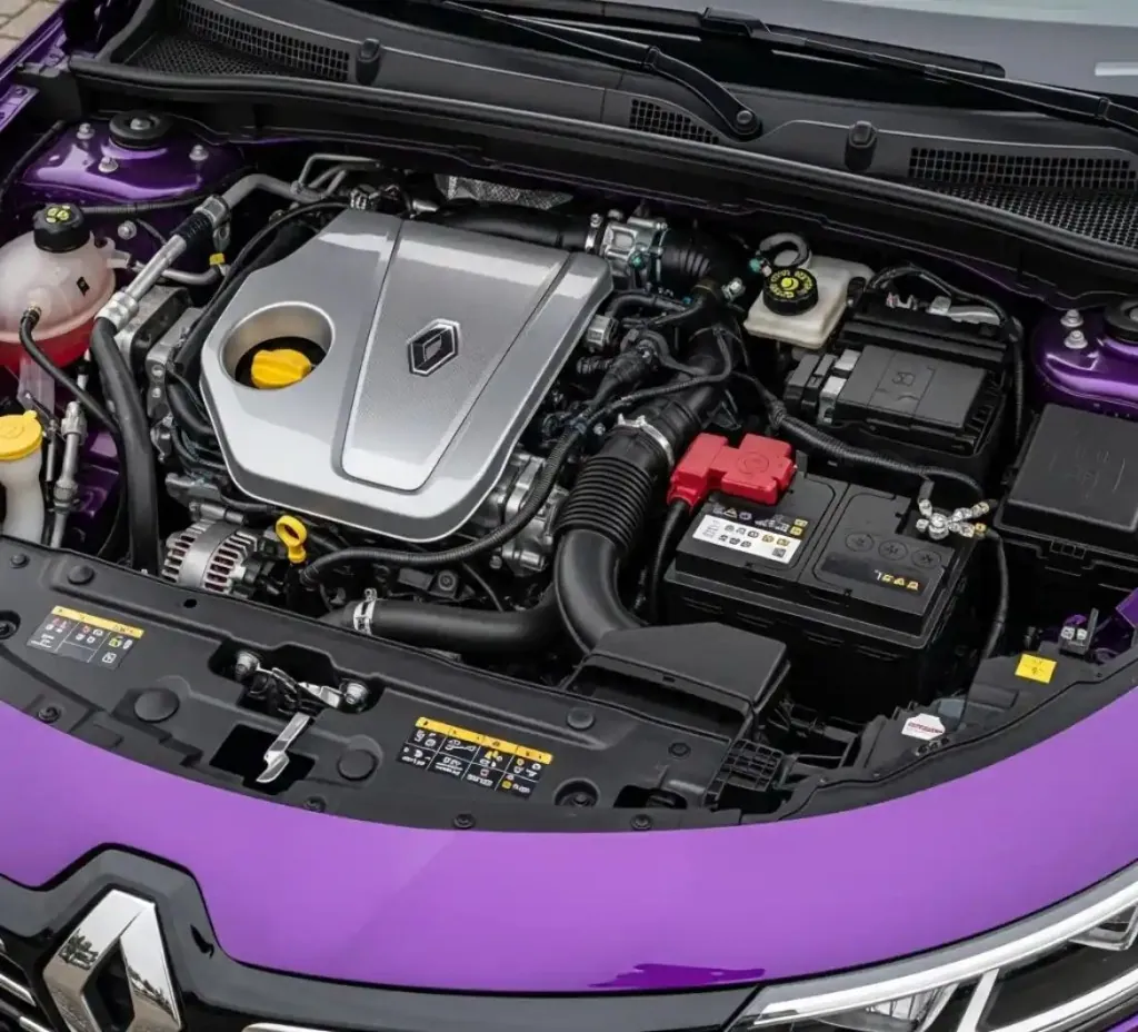 A closer look at the Renault Engine bay of a purple Renault with the battery in view